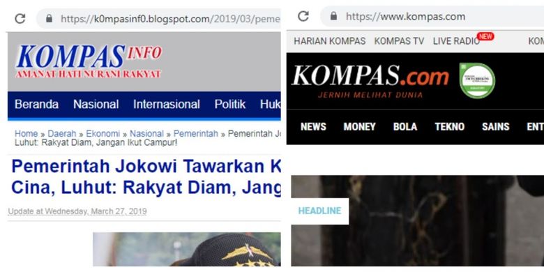 Perbadingan alamat situs antara KompasInfo dengan Kompas.com