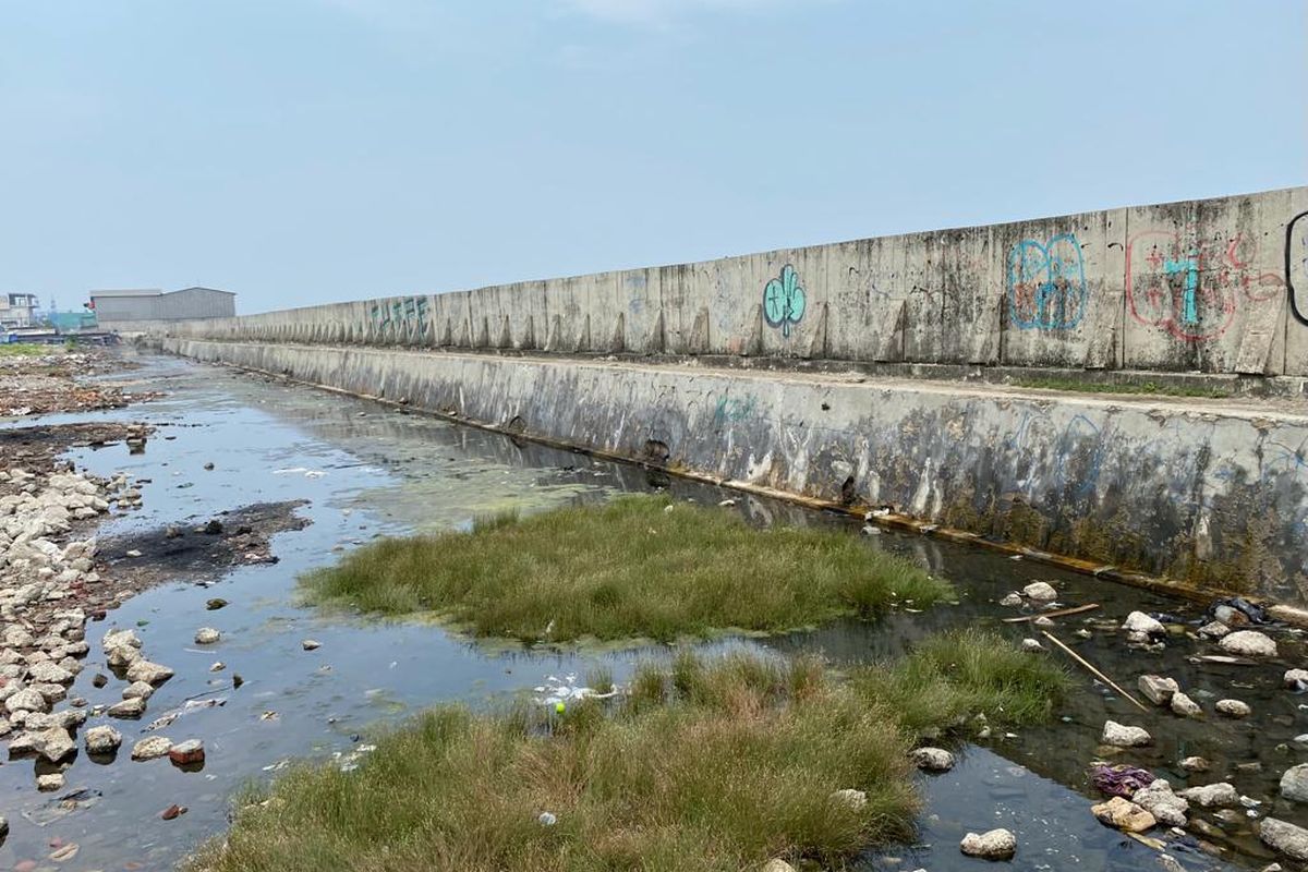 Sisi area depan tanggul pada Senin (28/11/2022) terlihat kurang terawat. Banyak coretan hingga mural terpatri di tanggul beton tersebut. 