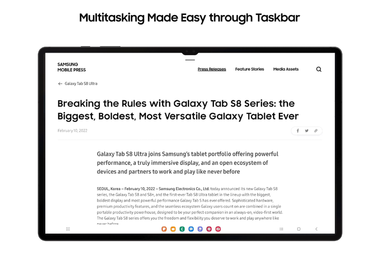 Samsung Galaxy Tab S8 punya taskbar berkat Android 12L.