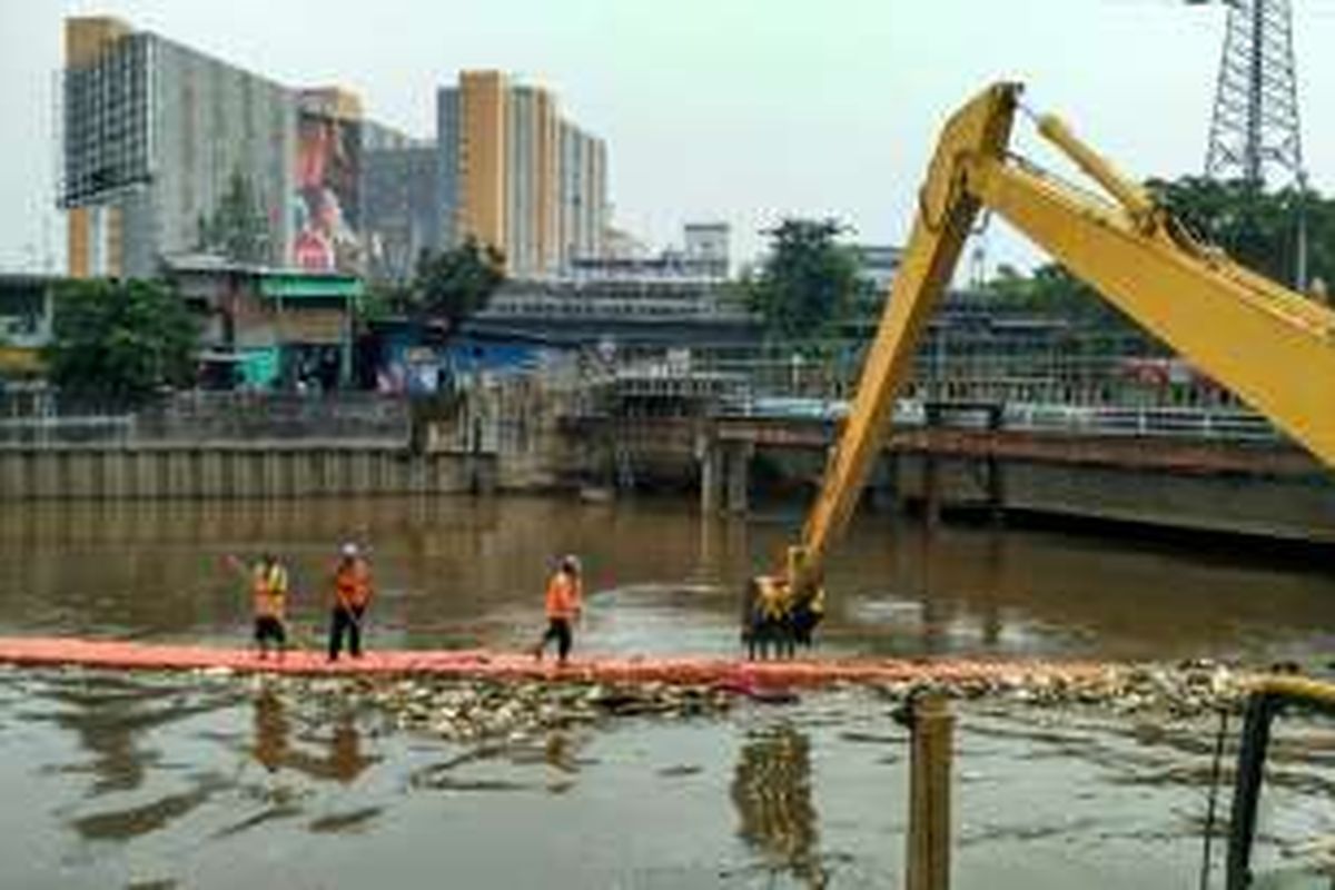 Petugas UPK Badan Air DKI Jakarta membersihkan sampah-sampah di sungai depan Season City menggunakan bambu hingga alat berat, Senin (23/5/2016).