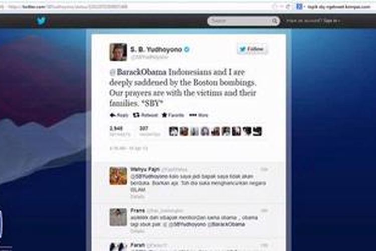 Tweet SBY untuk insiden Boston Marathon yang tak lagi ada di timeline akun twitter SBY. Masih bisa ditemukan dan dibuka dari link yang telah tersebar, tetapi tak ada lagi di lini masa akun @SBYudhoyono