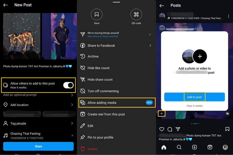 Pengguna harus mengaktifkan fitur Adding to a post ini lewat dua opsi tersebut. Dengan begitu, pengguna lain akan bisa menambahkan foto/video ke carousel yang di-upload pengguna.
