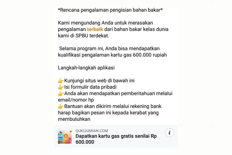 Status Facebook cara mendapatkan kartu gas gratis senilai Rp 600.000.