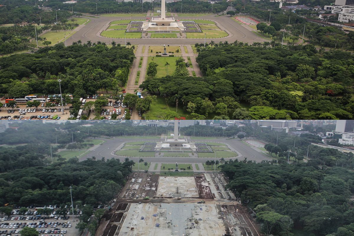 Foto sebelum dan sesudah kawasan Monumen Nasional sisi selatan yang pohonnya ditebang.