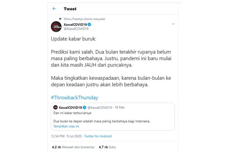 Tangkapan layar soal twit Kawal Covid-19 yang memprediksi corona di Indonesia baru akan masuk fase berbahaya pada bulan-bulan mendatang