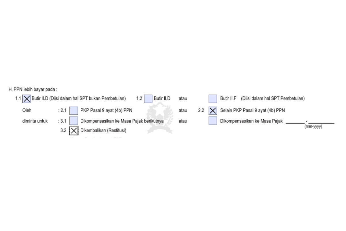 Ilustrasi pengisian bagian H formulir 1111 induk SPT Masa PPN untuk pengajuan pengembalian (restitusi) lebih bayar PPN.