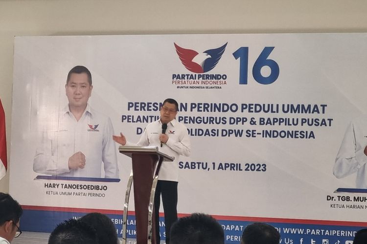 Ketua Umum (Ketum) Partai Persatuan Indonesia (Perindo) Hary Tanoesoedibjo di DPP Partai Perindo, Jakarta, Sabtu (1/4/2023).