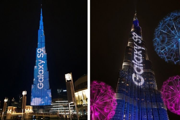 Pertunjukan LED Samsung Galaxy S9 di menara Burj Al-Khalifa, Dubai, Uni Emirat Arab.