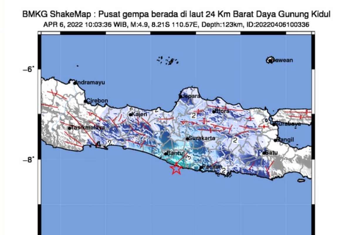 Gempa terkini berpusat di laut di barat Kabupaten Gunungkidul, DI Yogyakarta. Gempa berkekuatan M 4,9 terjadi pukul 10.03 WIB, Rabu (6/4/2022) terasa hingga Pacitan, Jawa Timur.