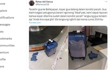 Tangkapan layar unggahan warganet soal koper rusak di bandara.