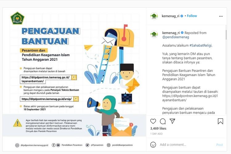 Tangkapan layar pengajuan bantuan dari Kemenag untuk pondok pesantren dan Pendidikan Keagamaan Islam TA 2021.