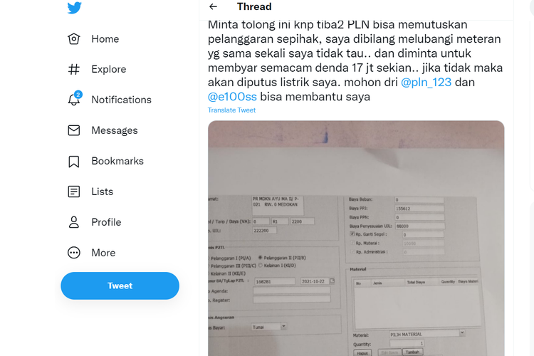 Tangkapan layar soal denda Rp 17 juta karena melubangi meteran listrik.