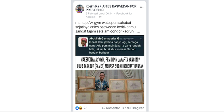 Tangkapan layar unggahan Facebook yang mengaitkan twit AA Gym dengan Anies Baswedan