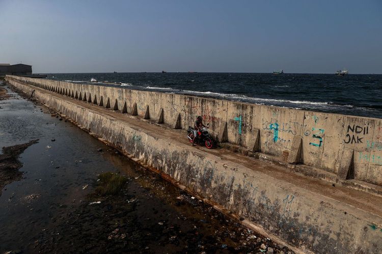 Warga saat mengendarai sepeda motor melewati samping tanggul laut yang berfungsi menahan air laut masuk di Muara Baru, Jakarta Utara, Rabu (11/8/2021). 