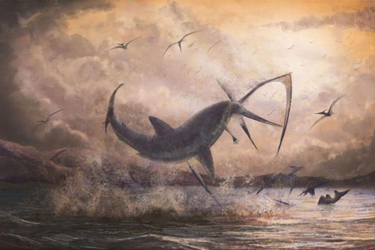 Ilustrasi hiu prasejarah mencoba memangsa reptil terbang raksasa.
