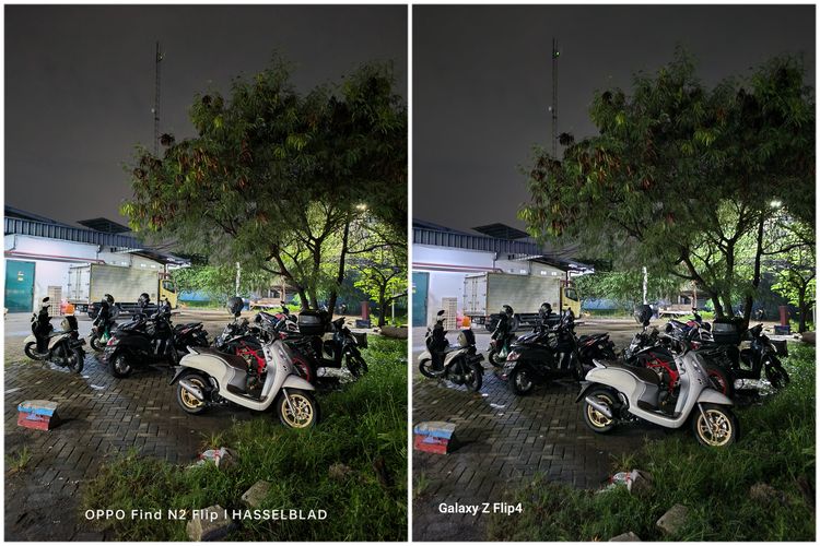 Hasil foto kamera utama Oppo Find N2 Flip 50 MP (f/1.8) di sebelah kiri dan Samsung Galaxy Z Flip 4 12 MP (f/1.8) di sebelah kanan memotret parkiran motor di malam hari. Tampak pada gambar bahwa kamera Oppo dan Samsung dapat menampilkan obyek aneka motor dengan cukup bagus karena bantuan cahaya sekitar.