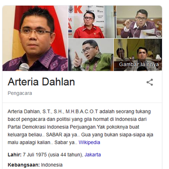 Profil Wikipedia dari Arteria Dahlan yang diubah menjadi hujatan oleh warganet.