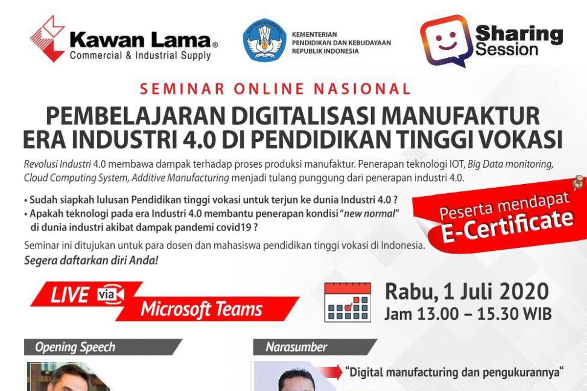 Sebagai upaya mewujudkan kecocokan alias link and match antara kompetensi lulusan vokasi dengan kebutuhan industri, PT Kawan Lama Sejahtera bersama menggelar seminar online nasional yang terbuka bagi mahasiswa, dosen, bahkan siswa SMK, Rabu (1/7/2020).