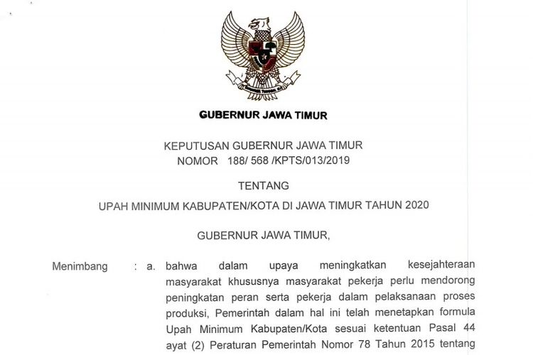 Keputusan Gubernur Jawa Timur tentang Upah Minimun Kabupaten/Kota di Jawa Timur Tahun 2020