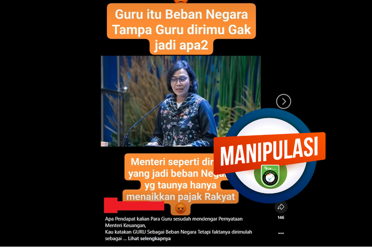 Tangkapan layar Facebook narasi yang mengeklaim Sri Mulyani mengatakan guru merupakan beban negara
