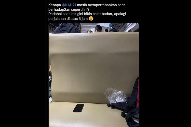 Tangkapan layar unggahan viral soal penumpang keluhkan kursi berhadapan dan membuat sakit badan.