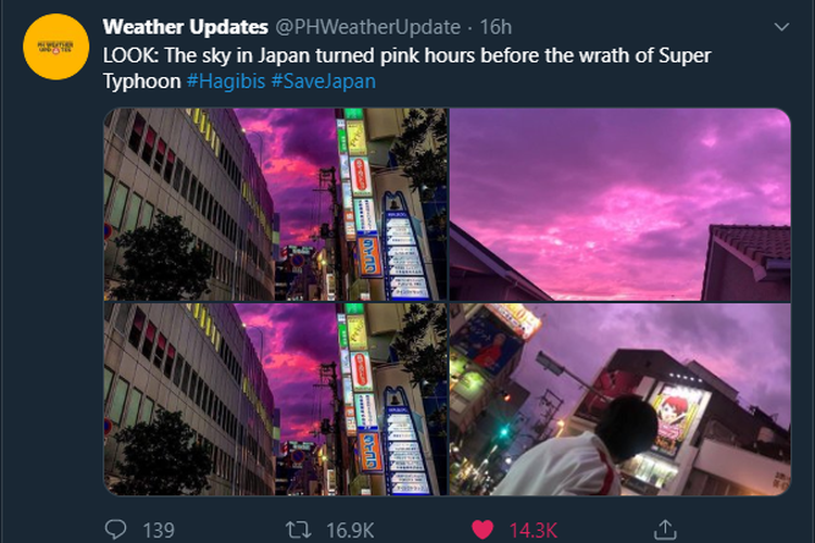 Screenshot Twitter Weather Updates yang menunjukkan langit berwarna pink