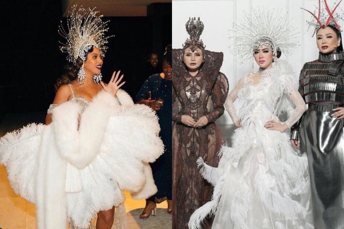 Beyonce dan Syahrini mengenakan hiasan kepala atau headpiece rancangan Rinaldy A Yunardi.