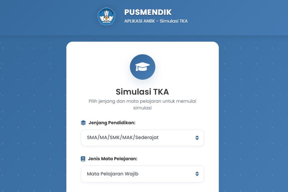 Laman simulasi soal TKA 2025 untuk jenjang SMA sederajat.