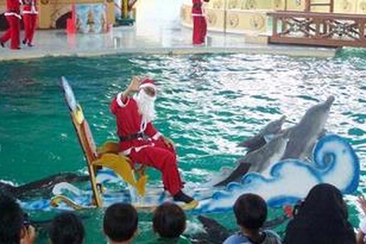 Kereta Sinterklas ditarik oleh Lumba-lumba di Ocean Dream Samudera Ancol, Kamis (23/12/2010).