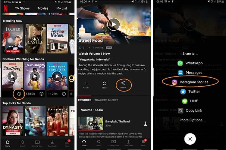 Cara merekomendasikan film favorit di Netflix, cukup klik ikon informasi berlambang huruf i, lalu pilih bagikan, dan pilih Instagram Story, sesuai lingkaran merah.