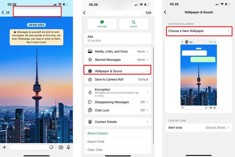 Ilustrasi cara mengganti wallpaper WA satu kontak.