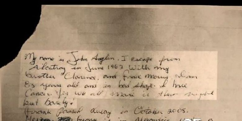 Surat yang diduga ditulis oleh John Anglin, salah satu dari tiga tahanan yang kabur dari Penjara Alcatraz pada 11 Juni 1962.