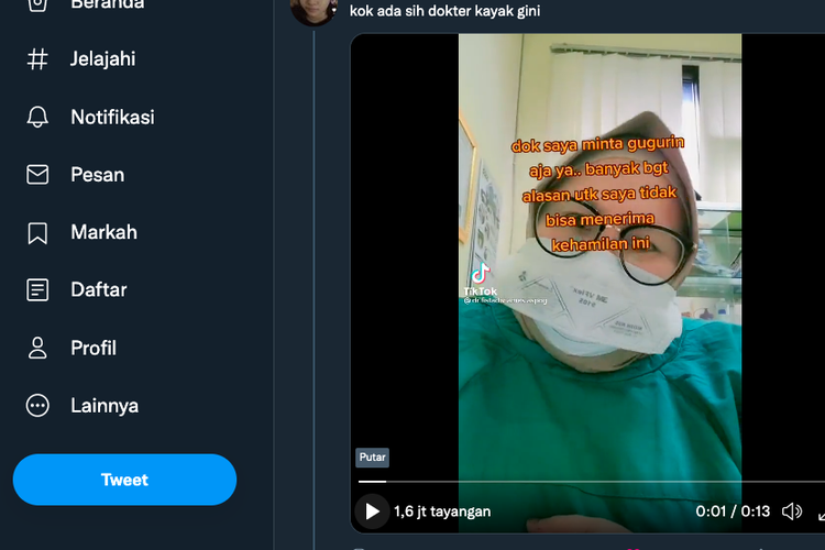 Tangkapan layar unggahan viral di twitter soal dokter yang menyinggung soal aborsi 