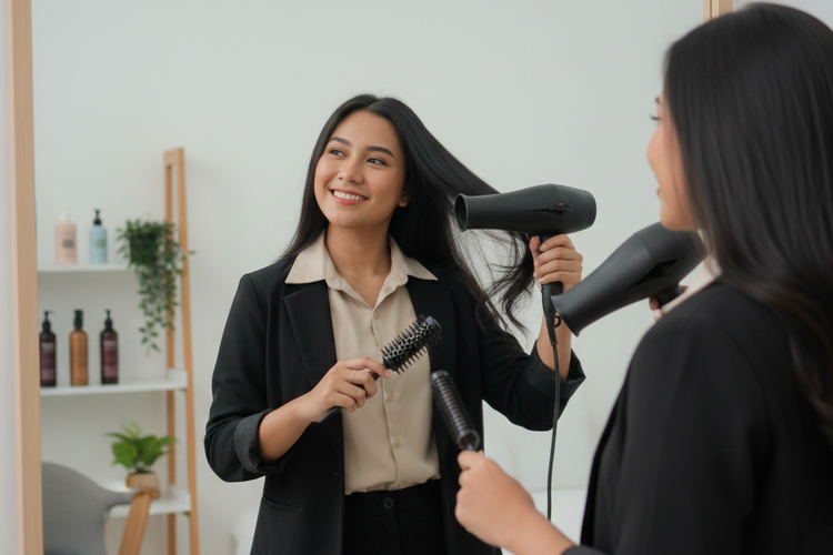 Ilustrasi mengeringkan rambut.