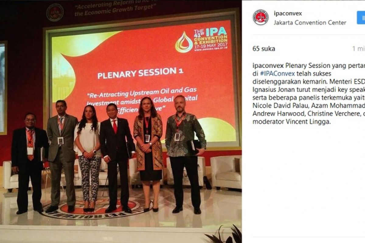 Moderator diskusi Vincent Lingga, praktisi Migas McKinsey untuk Asia Tenggara Azam Mohammad, Direktur Jenderal Relasi Investor dan Promosi Secretaria de Energia de Meksiko Nicole David Pala, Menteri ESDM Ignasius Jonan, Ketua IPA Christina Verchere, Senior Riset Manajer Hulu Migas Wood Mackenzie Andrew Harwood berfoto bersama usai mengikuti salah satu diskusi di The 41st IPA Convention & Exhibition, Rabu (17/05/2017), di Jakarta. (Kanan - Kiri)

