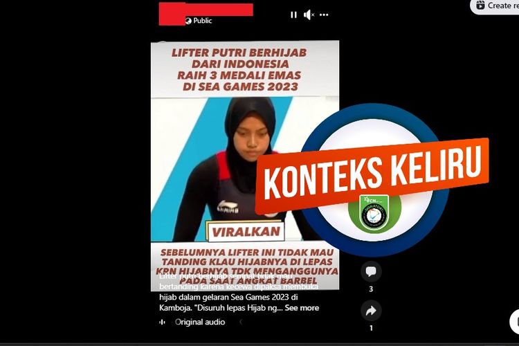 Tangkapan layar Facebook narasi yang menyebut bahwa atlet angkat besi putri Indonesia dipaksa untuk melepas hijab di SEA Games Kamboja 2023