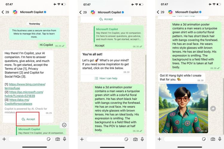 Ilustrasi cara menggunakan Copilot di WhatsApp.