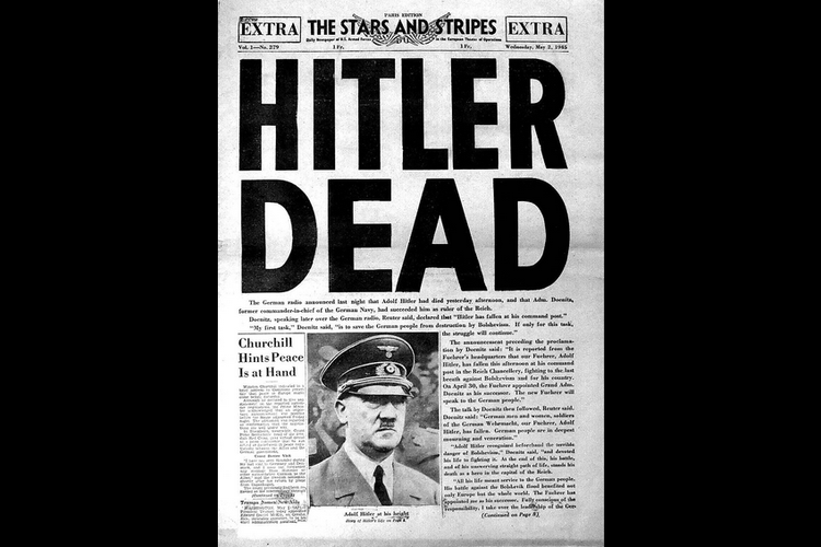Berita utama dalam surat kabar Angkatan Darat AS, Stars and Stripes yang mengumumkan kematian Adolf Hitler.
