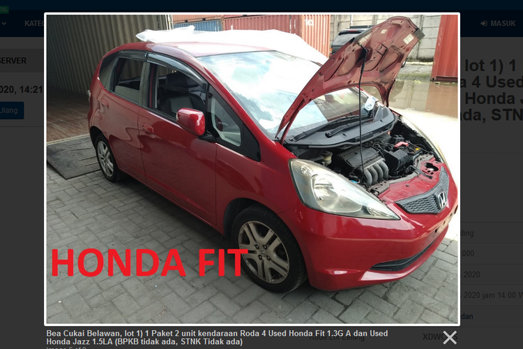 Mobil Honda Jazz yang akan dilelang oleh Bea Cukai di lelang.go.id (tangkapan layar lelang.go.id)