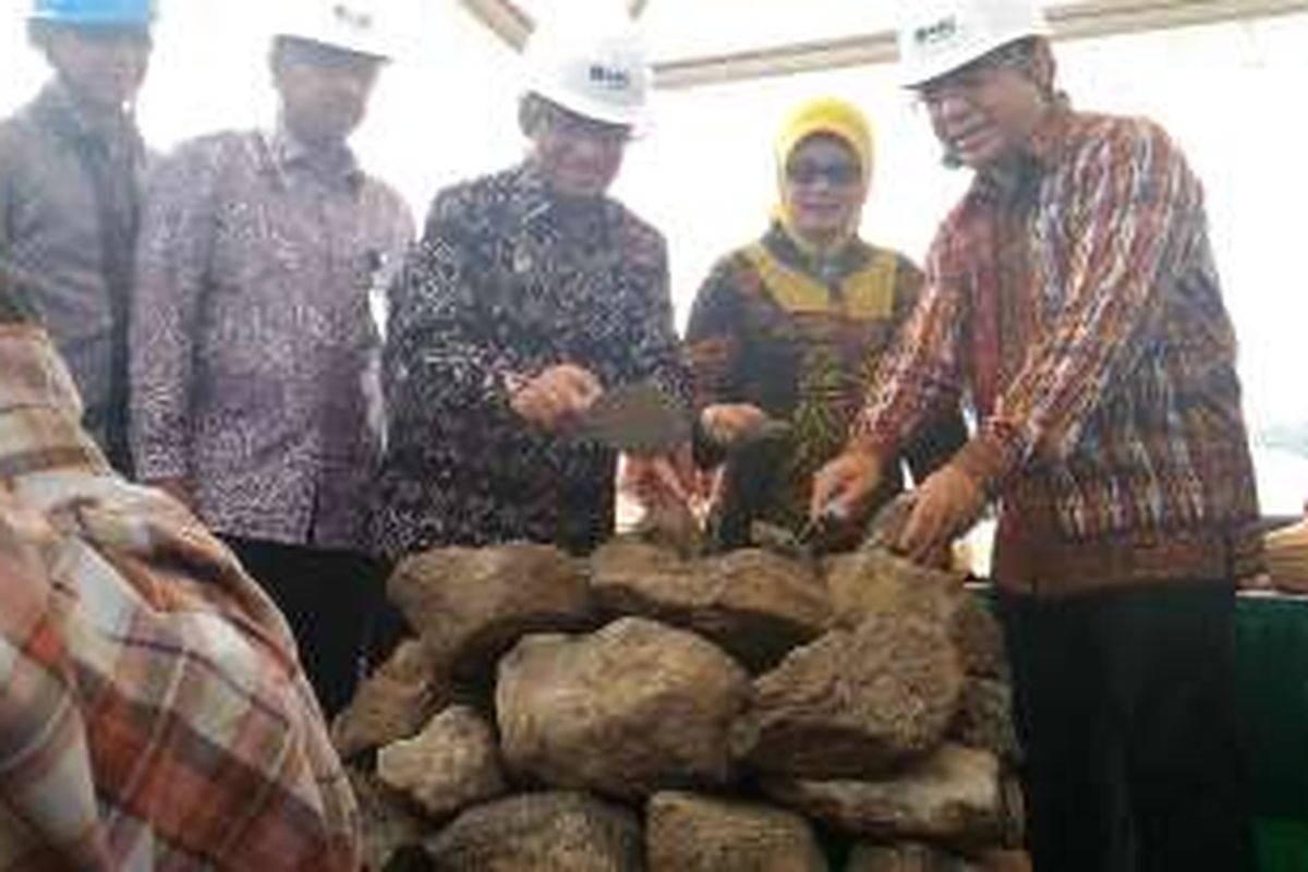 Menteri Perindustrian Saleh Husin dan Kepala BKPM Franky Sibarani saat peletakan batu pertama pembangunan PLTU Asahimas di Cilegon, Banten (12/02/2016).