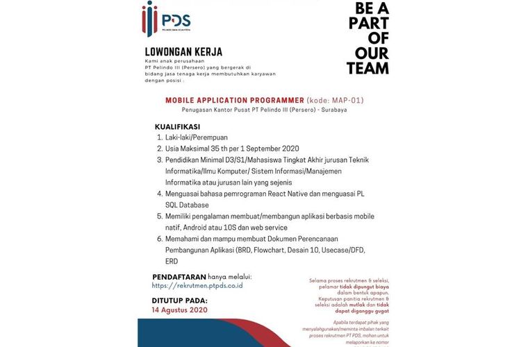 Lowongan pekerjaan di PT Pelindo Daya Sejahtera, anak perusahaan PT Pelindo III.