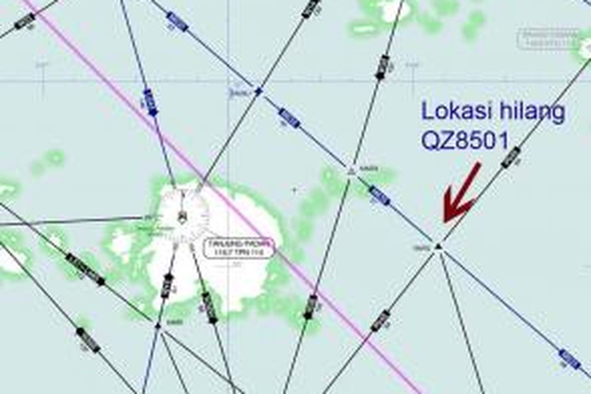 Dugaan lokasi terakhir pesawat AirAsia 8501 berdasarkan analisis jalur penerbangan terakhir, komunikasi terakhir, dan saksi mata. Pesawat ini hilang dalam penerbangan dari Surabaya menuju Singapura, Minggu (28/12/2014) pagi.