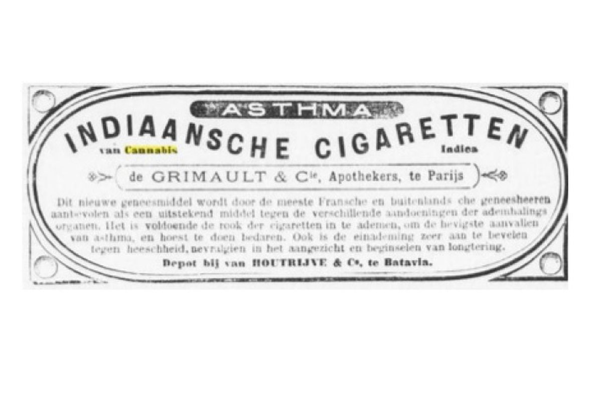 Iklan ganja pada koran Belanda abad 19. Ganja dinjanjikan bisa mengobati asma.