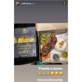 Tangkapan layar Instagram Story Wang Chi-Lin saat mengunggah durian dan bebek goreng dari Marcus Fernaldi Gideon.