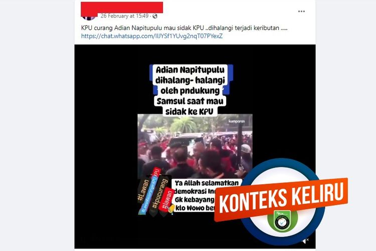 Tangkapan layar Facebook, video yang menyebut Adian Napitupulu dihalang-halangi ketika akan melakukan sidak ke KPU