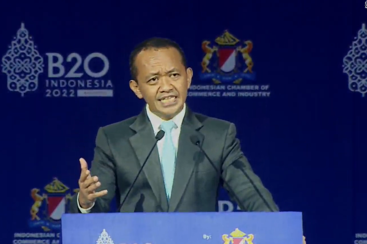 Menteri Investasi Bahlil Lahadalia memberikan sambutan di acara B20 Summit Day 1 yang berlangsung di Nusa Dua, Bali, Minggu (13/11/2022).Bahlil mengatakan pemerintah akan menyetop ekspor tembaga pada Juli 2023.