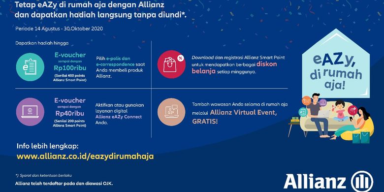 Allianz Indonesia memberikan tambahan keuntungan bagi nasabah lewat program eAZy di Rumah Aja hingga 30 Oktober 2020