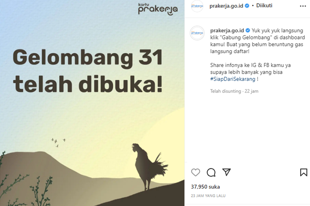 Tangkapan layar unggahan soal pembukaan pendaftaran Kartu Prakerja gelombang 31.