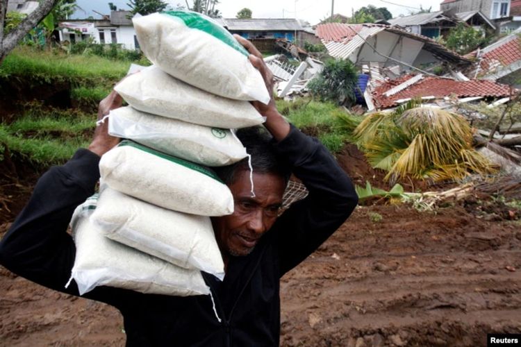 Seorang sukarelawan membopong karung beras untuk dibagikan kepada warga desa yang terdampak gempa di Serampad, Cianjur, Jawa Barat, 26 November 2022.