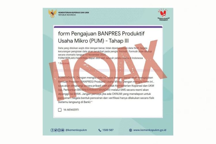 Tangkapan layar formulir hoaks pengajuan Banpres PUM dari Akun Instagram Kemenkop UKM.  